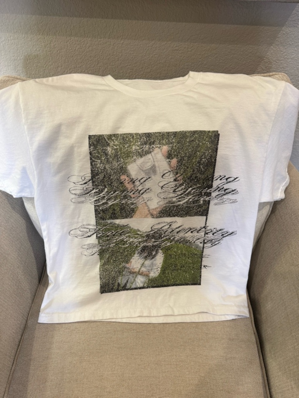 White Graphic Crop Tee with Script Photo Print